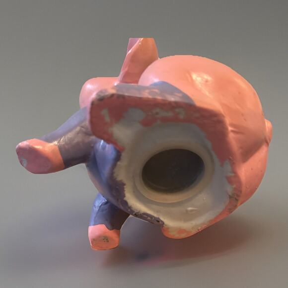 Vintage Piggy Bank Hand Painted Purple Shirt Cute Pig with Stopper Preowned - Picture 5 of 8